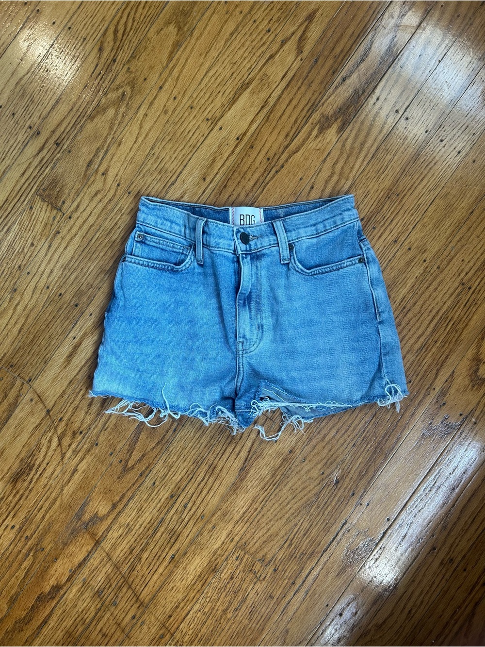 BDG High-Rise Denim Frayed Hem Shorts - Light Blue size 25